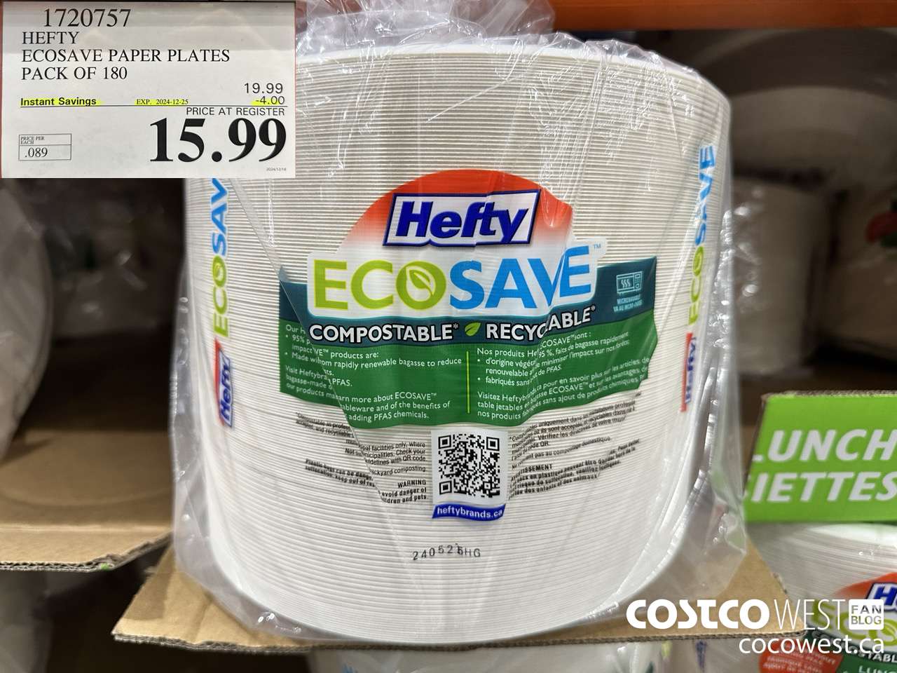 1720757 HEFTY ECOSAVE PAPER PLATES PACK OF 180 ($4.00 INSTANT SAVINGS EXPIRES ON 2024-12-25) $15.99