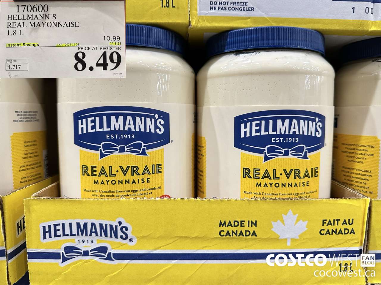 170600 HELLMANN'S REGULAR MAYONNAISE 1.8 L ($2.50 INSTANT SAVINGS EXPIRES ON 2024-12-24) $8.49