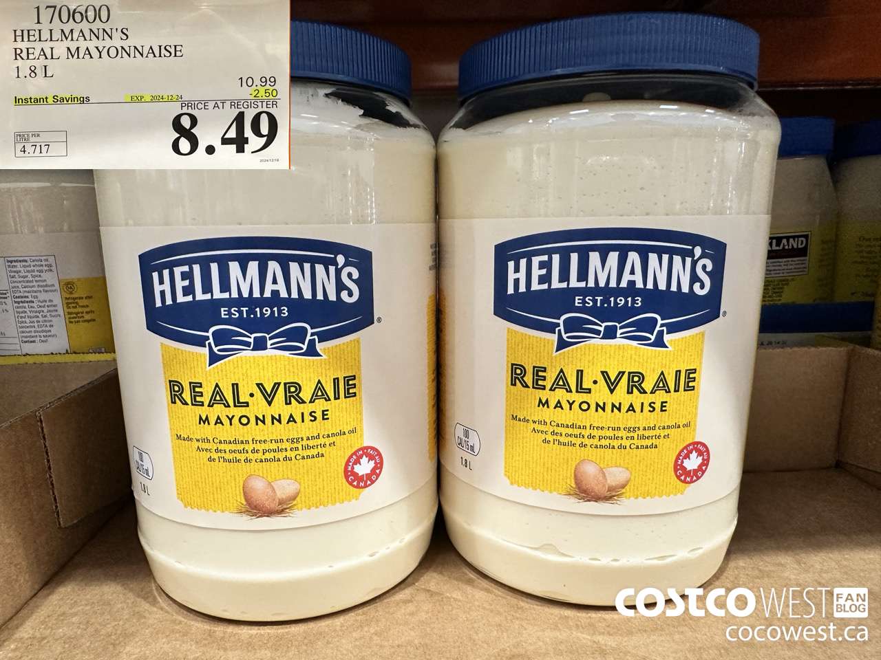 170600 HELLMANN'S REGULAR MAYONNAISE 1.8 L ($2.50 INSTANT SAVINGS EXPIRES ON 2024-12-24) $8.49