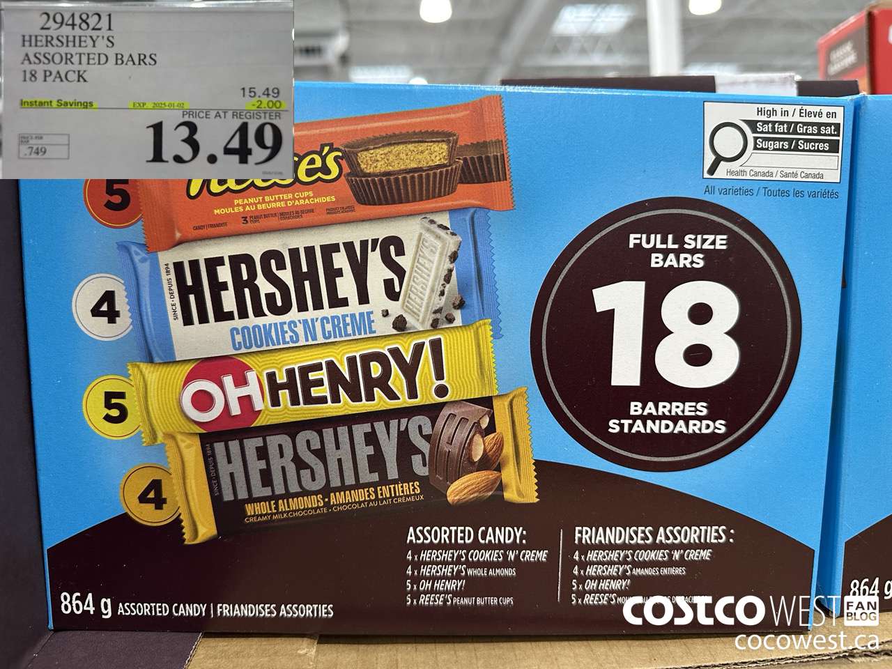 294821 HERSHEY'S ASSORTED BARS 18 PACK ($2.00 INSTANT SAVINGS EXPIRES ON 2025-01-02) $13.49