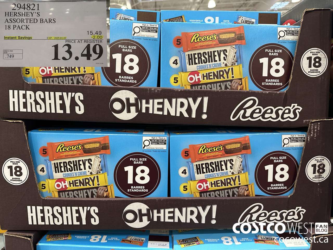 294821 HERSHEY'S ASSORTED BARS 18 PACK ($2.00 INSTANT SAVINGS EXPIRES ON 2025-01-02) $13.49