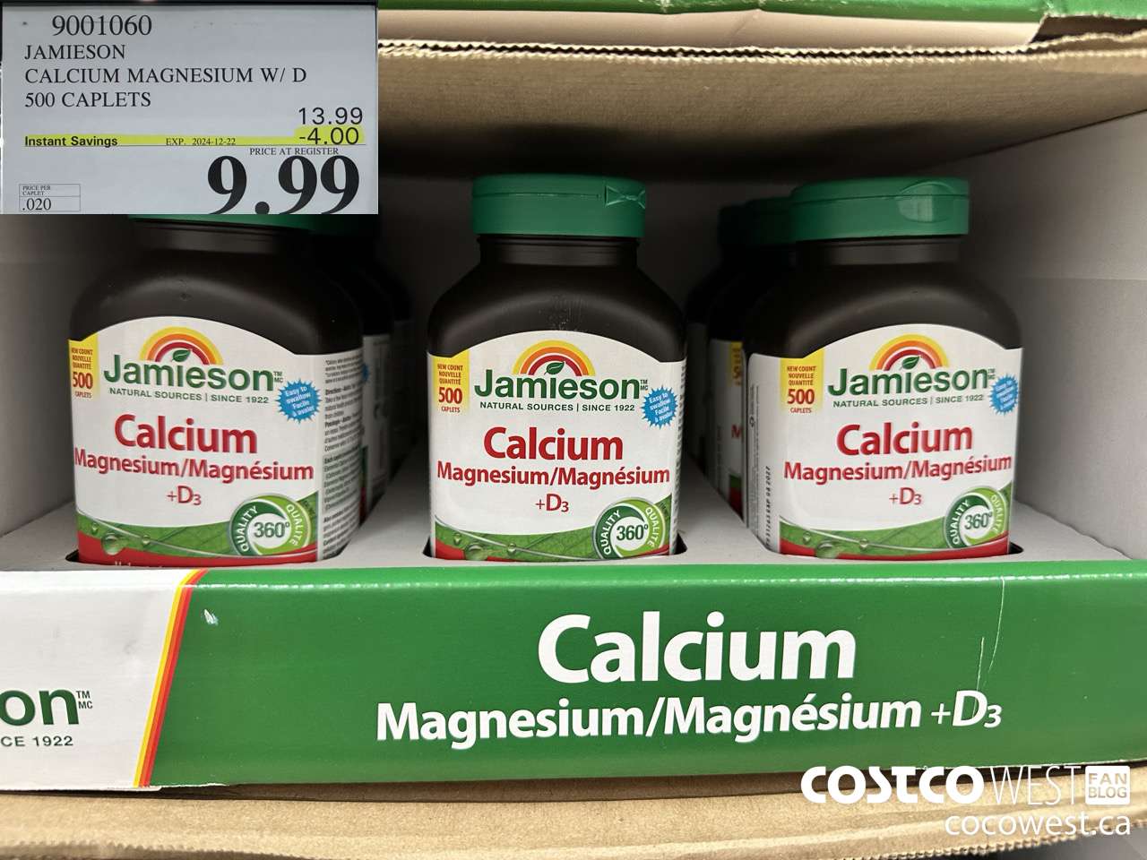 9001060 JAMIESON CALCIUM MAGNESIUM W/ VIT D 500 CAPLETS ($4.00 INSTANT SAVINGS EXPIRES ON 2024-12-22) $9.99