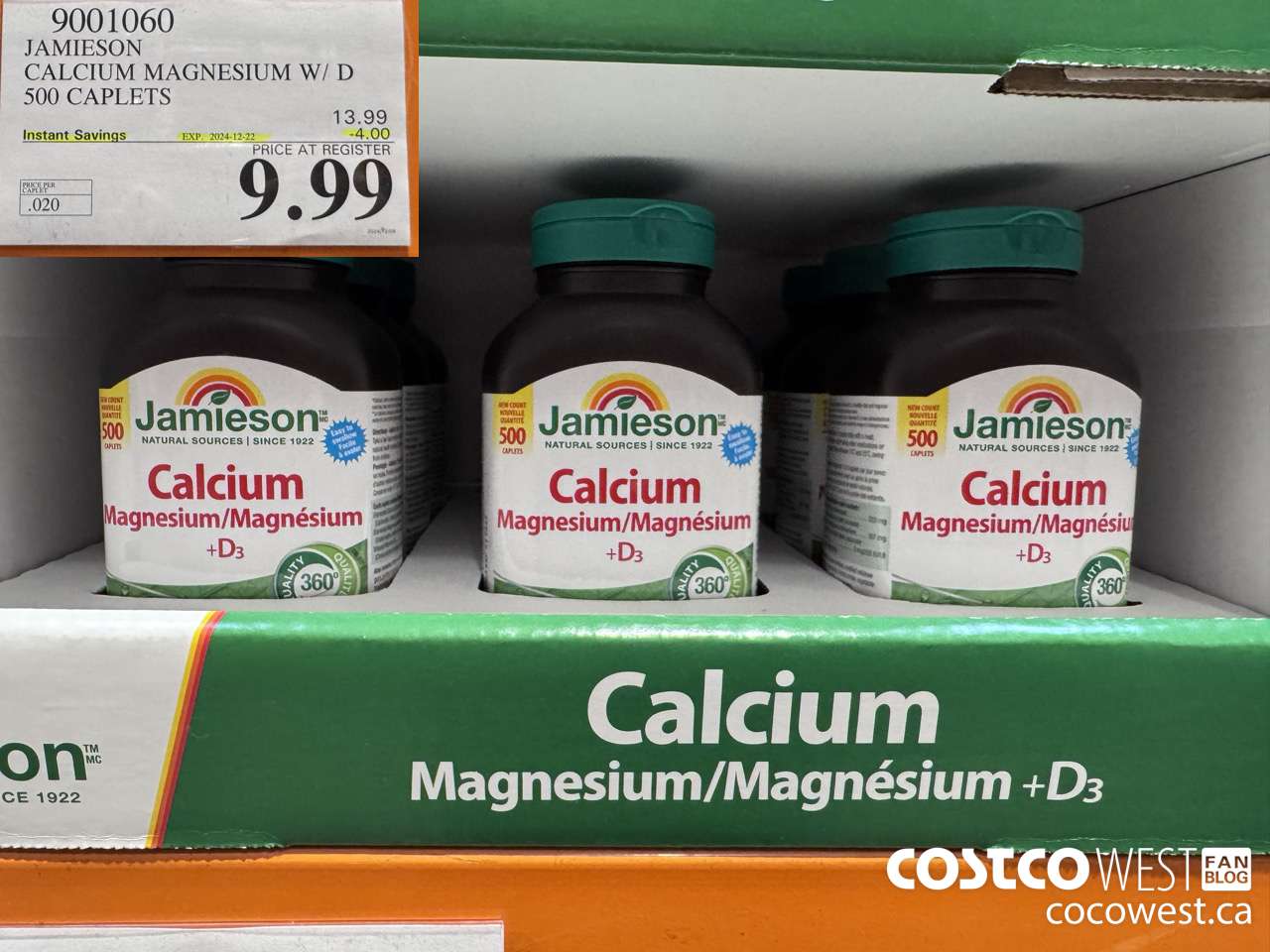 9001060 JAMIESON CALCIUM MAGNESIUM W/ VIT D 500 CAPLETS ($4.00 INSTANT SAVINGS EXPIRES ON 2024-12-22) $9.99