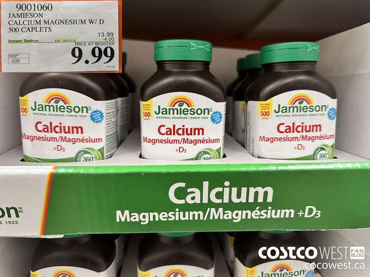 9001060 JAMIESON CALCIUM MAGNESIUM W/ VIT D 500 CAPLETS ($4.00 INSTANT SAVINGS EXPIRES ON 2024-12-22) $9.99