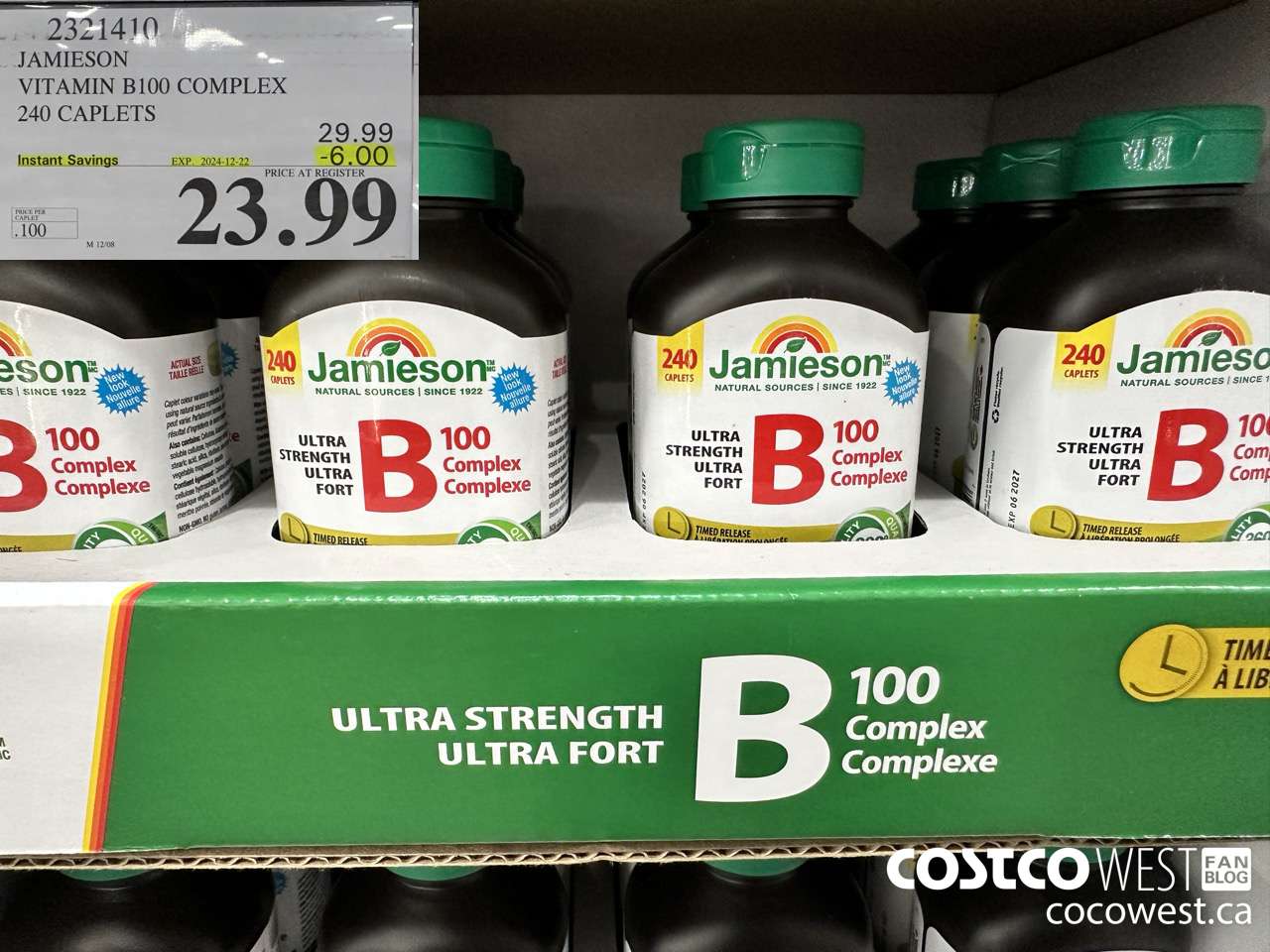 2321410 JAMIESON VITAMIN B100 COMPLEX 240 CAPLETS ($6.00 INSTANT SAVINGS EXPIRES ON 2024-12-22) $23.99