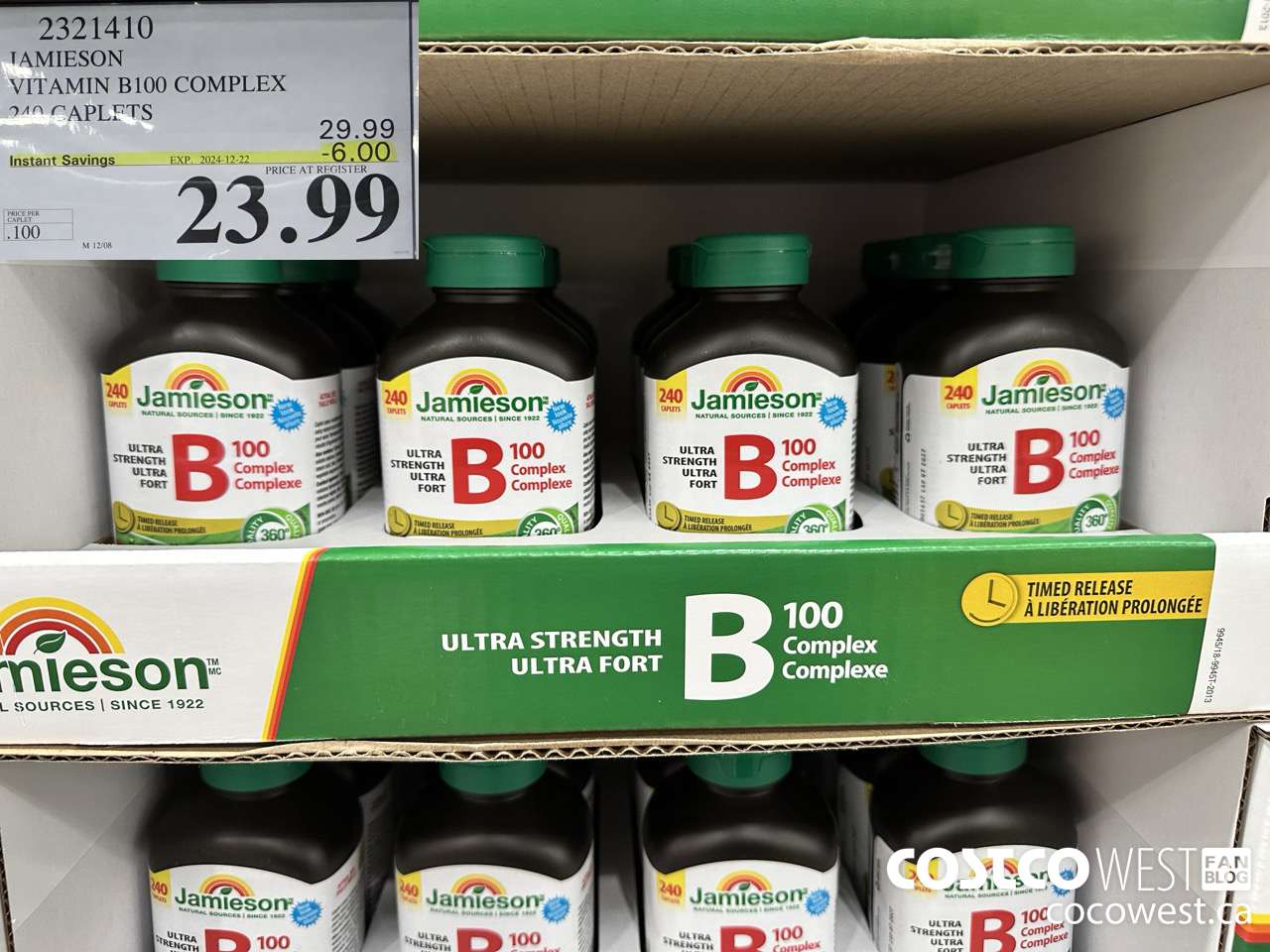 2321410 JAMIESON VITAMIN B100 COMPLEX 240 CAPLETS ($6.00 INSTANT SAVINGS EXPIRES ON 2024-12-22) $23.99