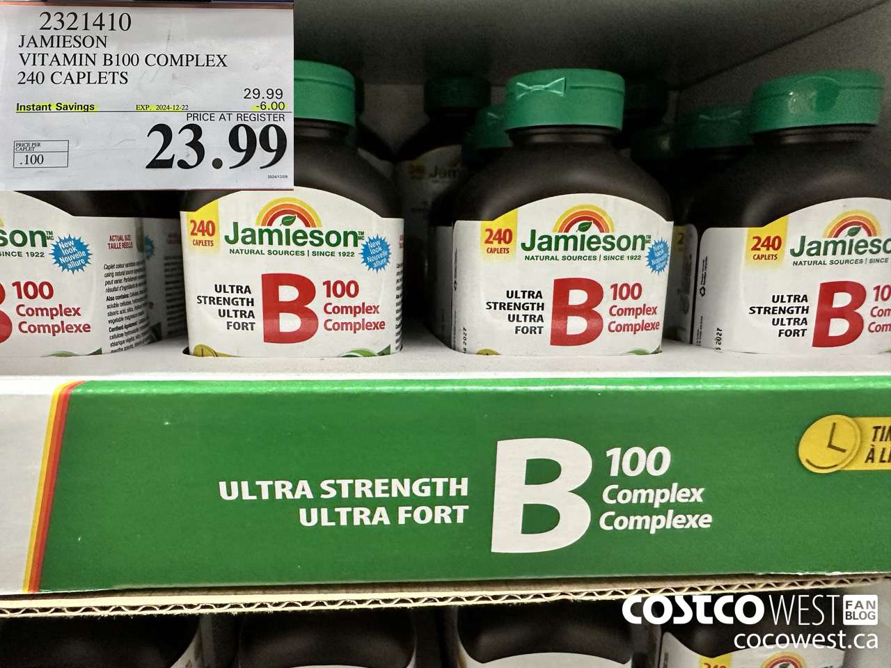 2321410 JAMIESON VITAMIN B100 COMPLEX 240 CAPLETS ($6.00 INSTANT SAVINGS EXPIRES ON 2024-12-22) $23.99
