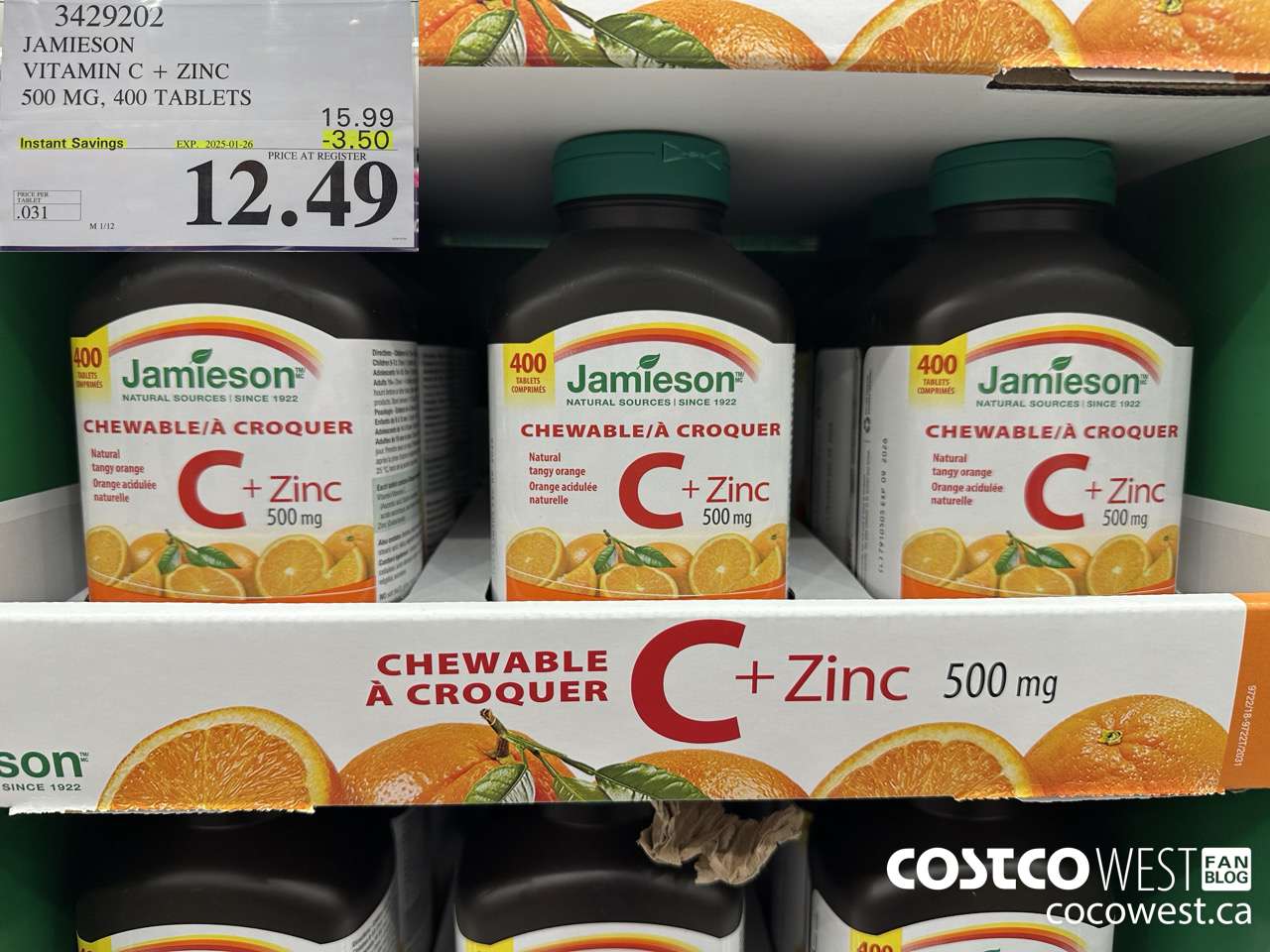 3429202 JAMIESON VITAMIN C+ZINC 500MG 400 TABLET ($3.50 INSTANT SAVINGS EXPIRES ON 2025-01-26) $12.49