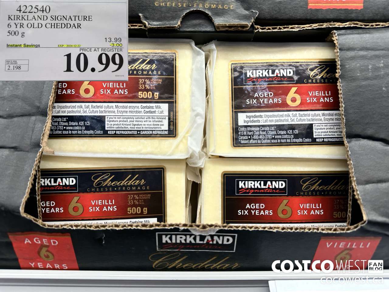 422540 KIRKLAND SIGNATURE 6 YR OLD CHEDDAR 500 g ($3.00 INSTANT SAVINGS EXPIRES ON 2024-12-22) $10.99