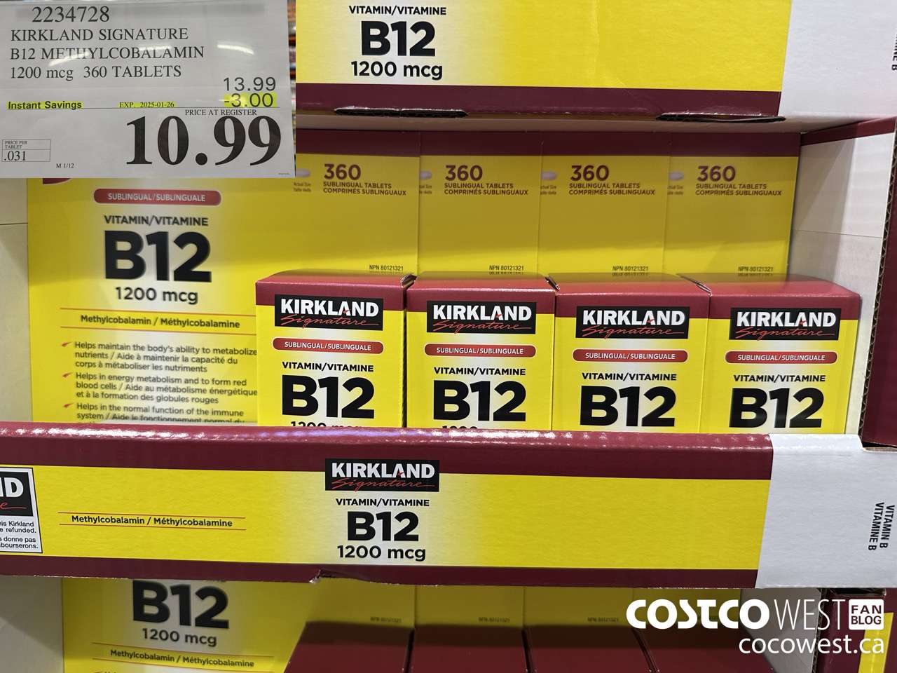 2234728 KIRKLAND SIGNATURE B12 METHYLCOBALAMIN 1200MCG 360 TABLETS ($3.00 INSTANT SAVINGS EXPIRES ON 2025-01-26) $10.99