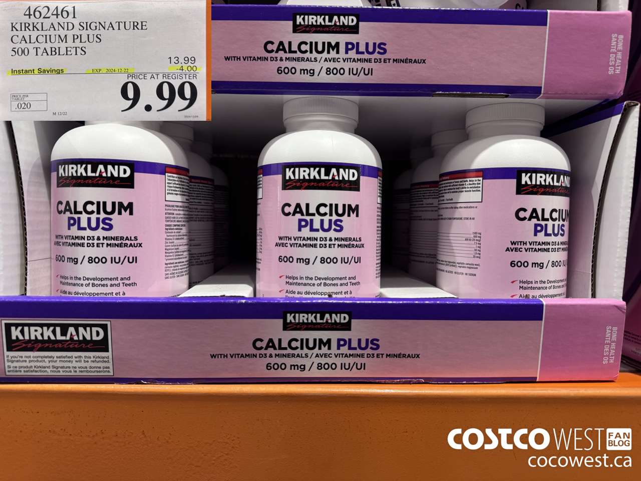 462461 KIRKLAND SIGNATURE CALCIUM PLUS 500 TABLETS ($4.00 INSTANT SAVINGS EXPIRES ON 2024-12-22) $9.99