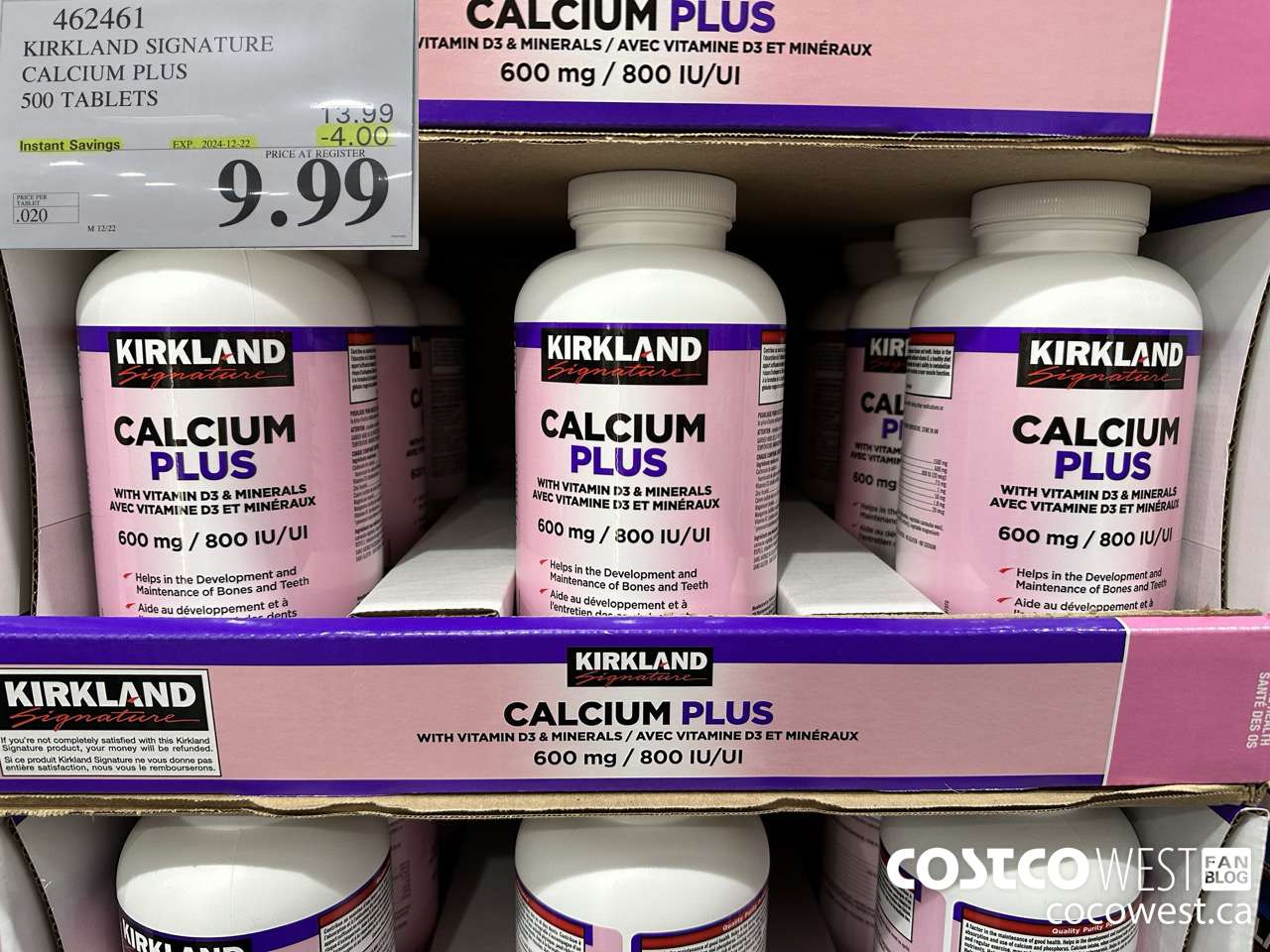 462461 KIRKLAND SIGNATURE CALCIUM PLUS 500 TABLETS ($4.00 INSTANT SAVINGS EXPIRES ON 2024-12-22) $9.99