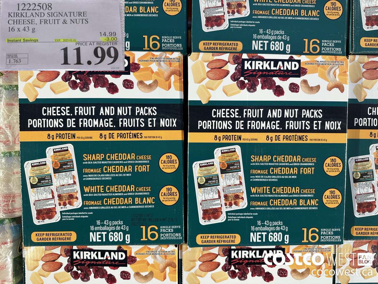 1222508 KIRKLAND SIGNATURE CHEESE, FRUIT & NUT PACKS 16 X 43G ($3.00 INSTANT SAVINGS EXPIRES ON 2025-01-01) $11.99