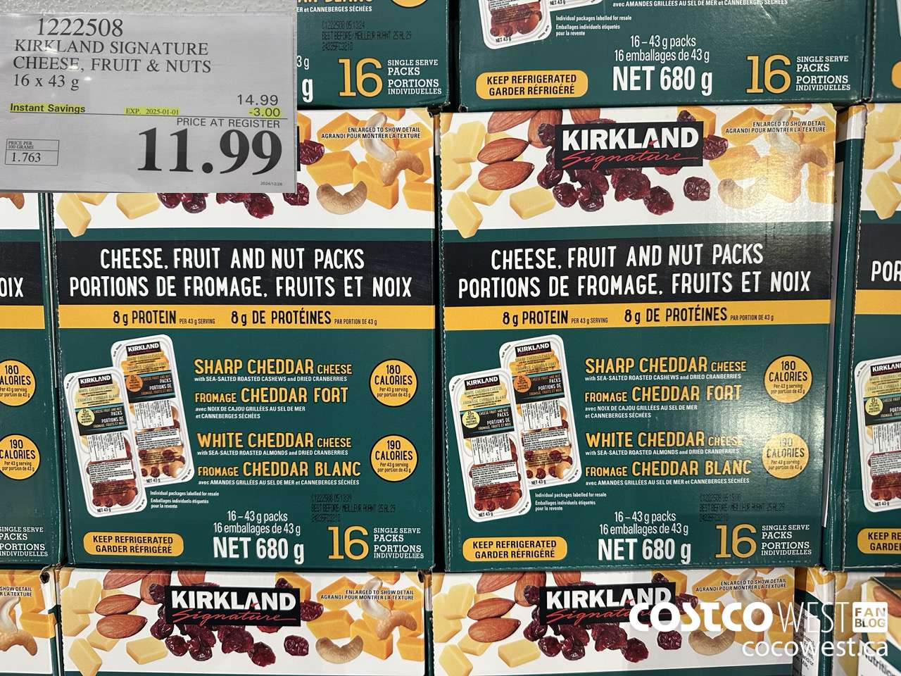 1222508 KIRKLAND SIGNATURE CHEESE, FRUIT & NUT PACKS 16 X 43G ($3.00 INSTANT SAVINGS EXPIRES ON 2025-01-01) $11.99