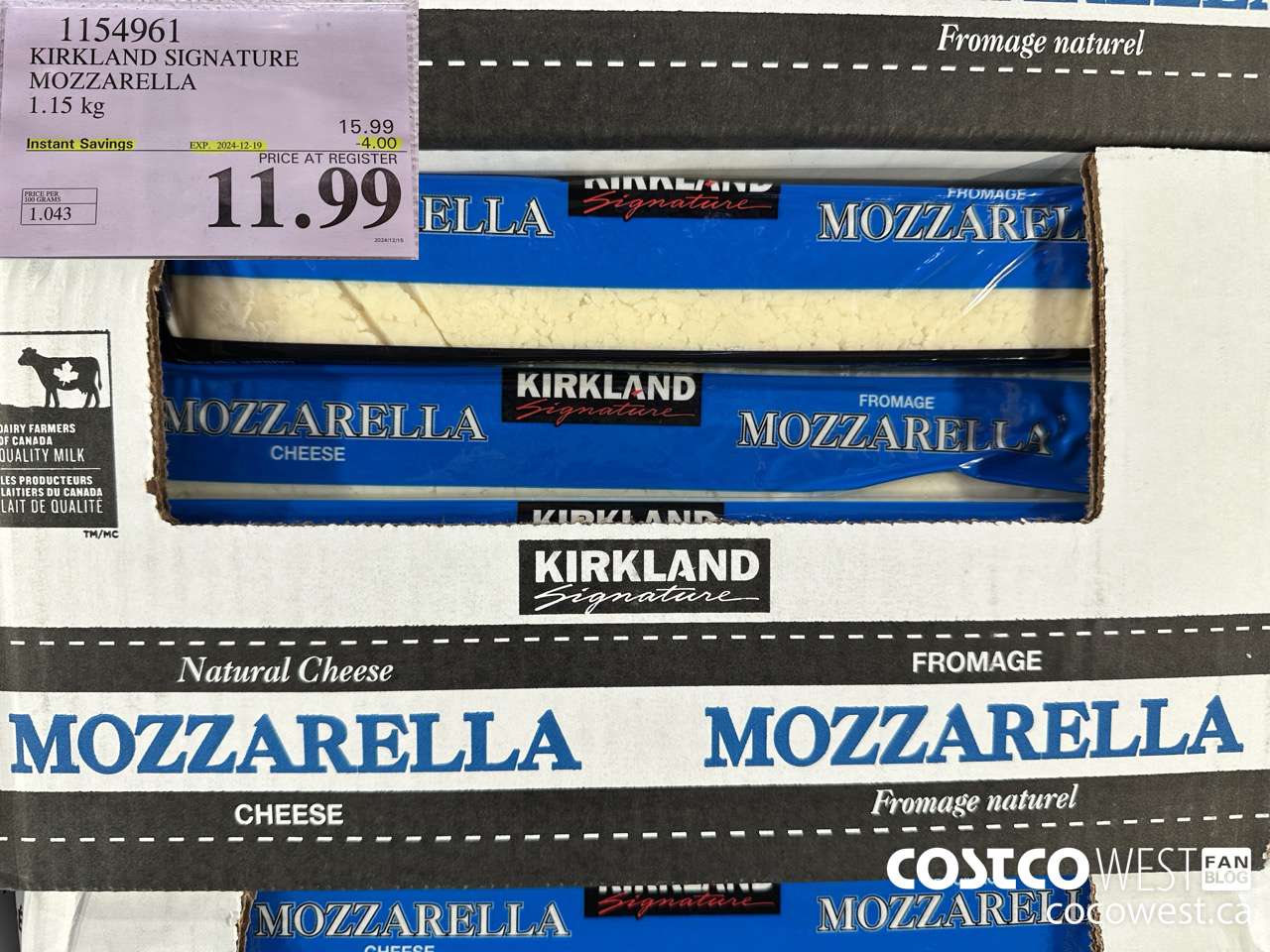 1154961 KIRKLAND SIGNATURE MOZZARELLA 1.15 KG ($4.00 INSTANT SAVINGS EXPIRES ON 2024-12-19) $11.99