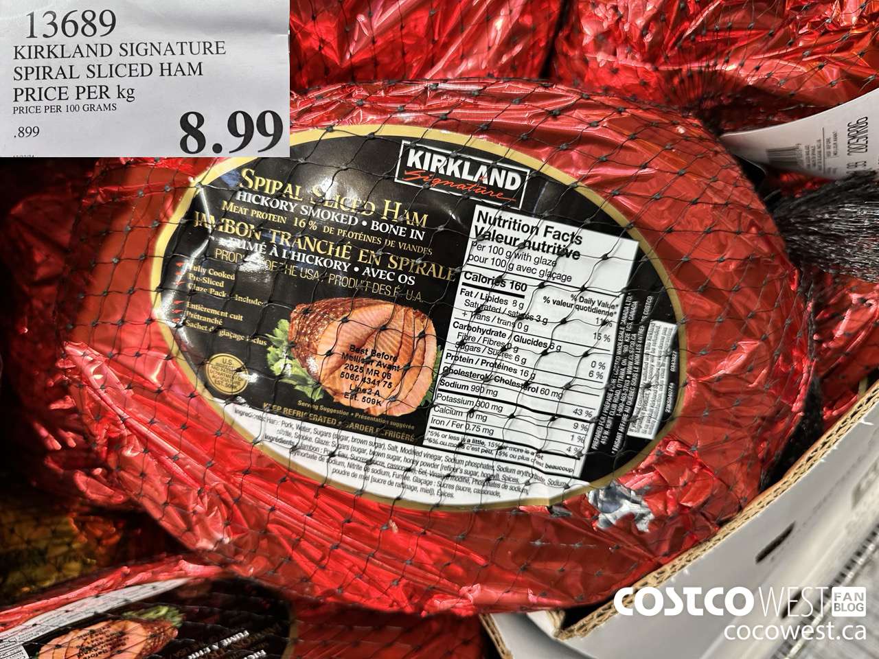 13689 KIRKLAND SIGNATURE SLICED SPIRAL HAM PRICE PER KG $8.99
