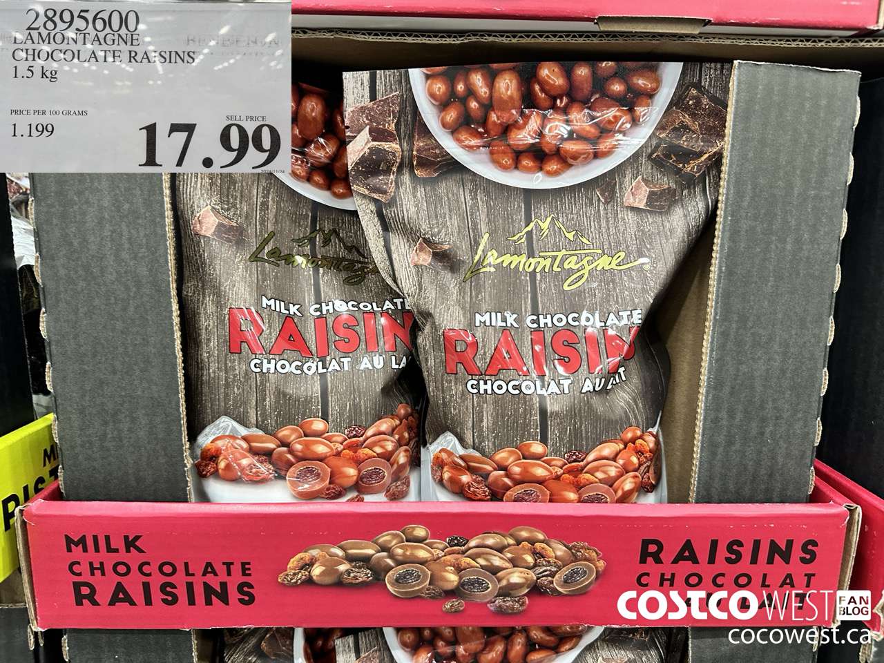 2895600 LAMONTAGNE CHOCOLATE RAISINS 1.5KG $17.99