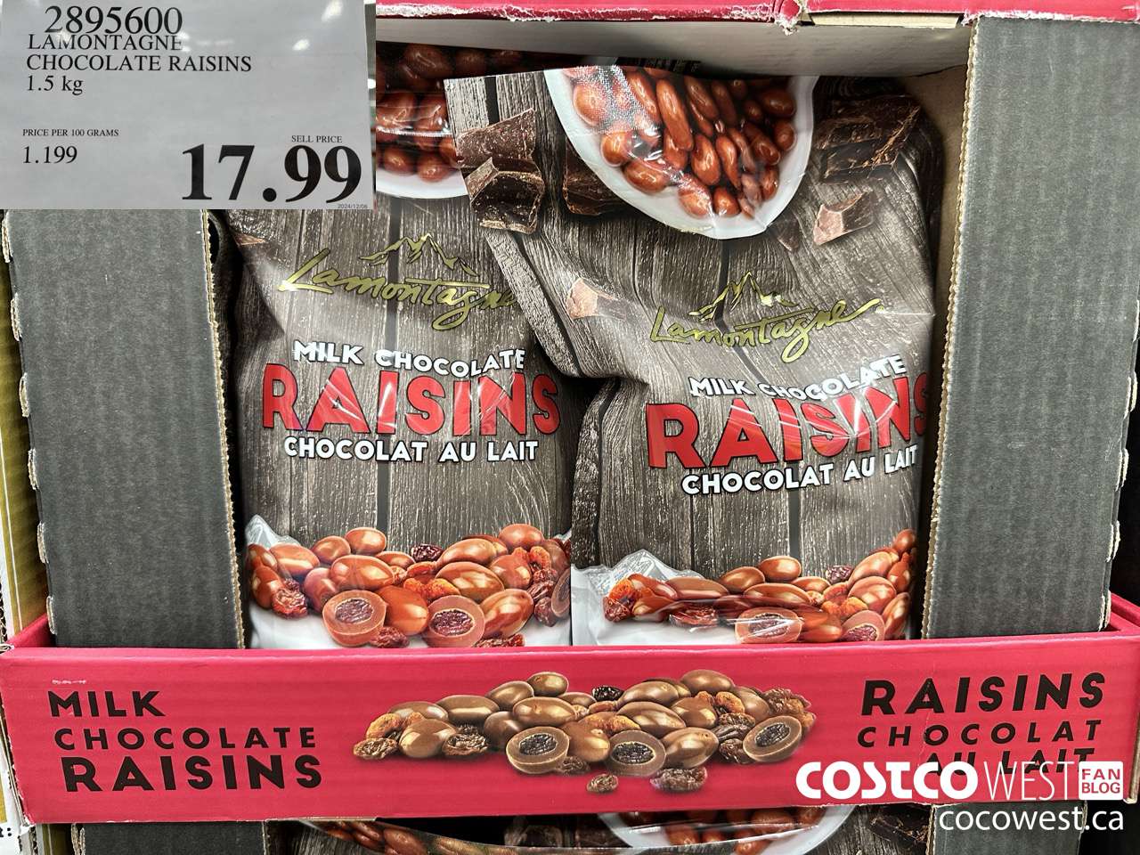 2895600 LAMONTAGNE CHOCOLATE RAISINS 1.5KG $17.99