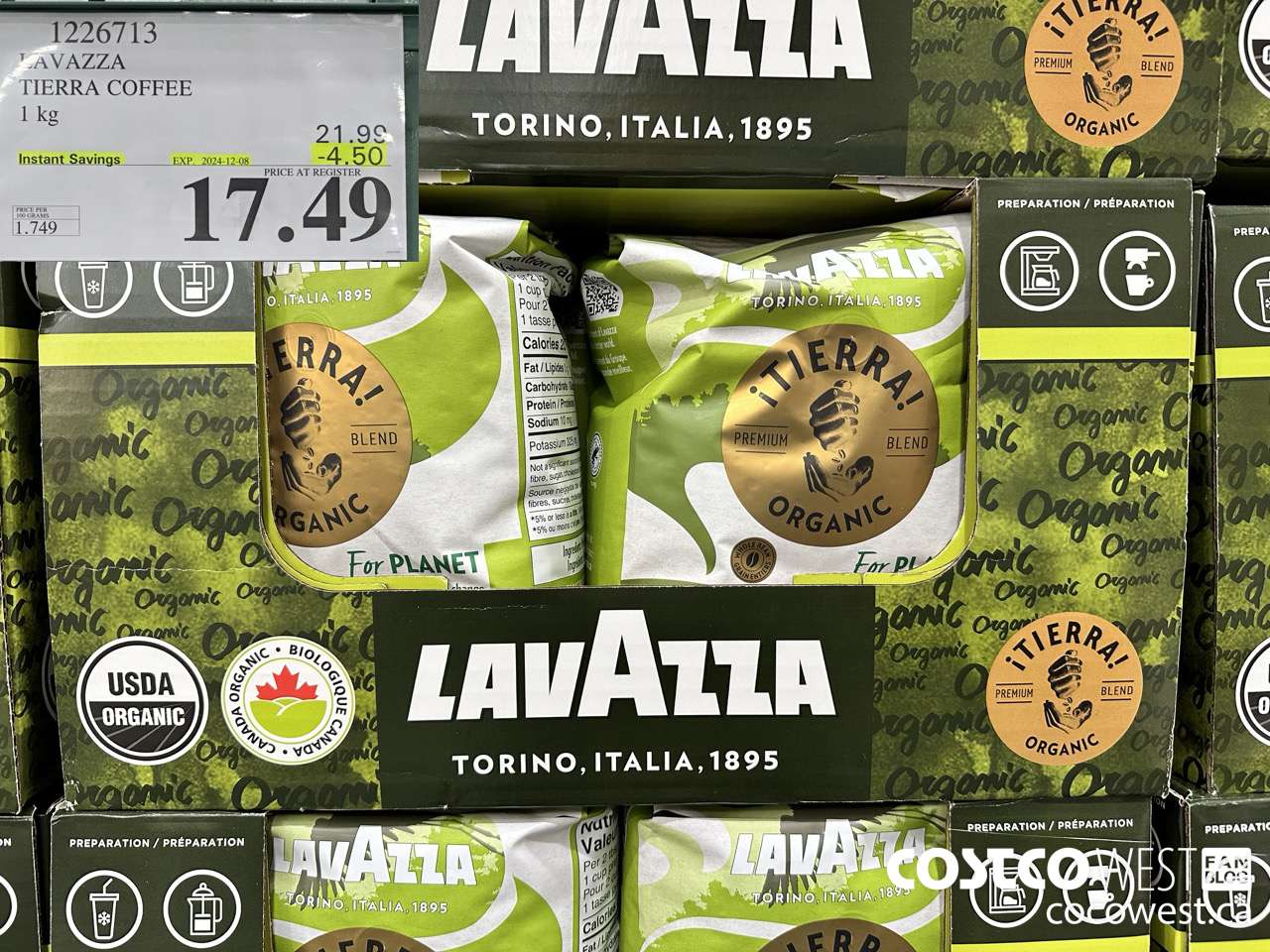 1226713 LAVAZZA TIERRA ORGANIC COFFEE 1 KG ($4.50 INSTANT SAVINGS EXPIRES ON 2024-12-08) $17.49