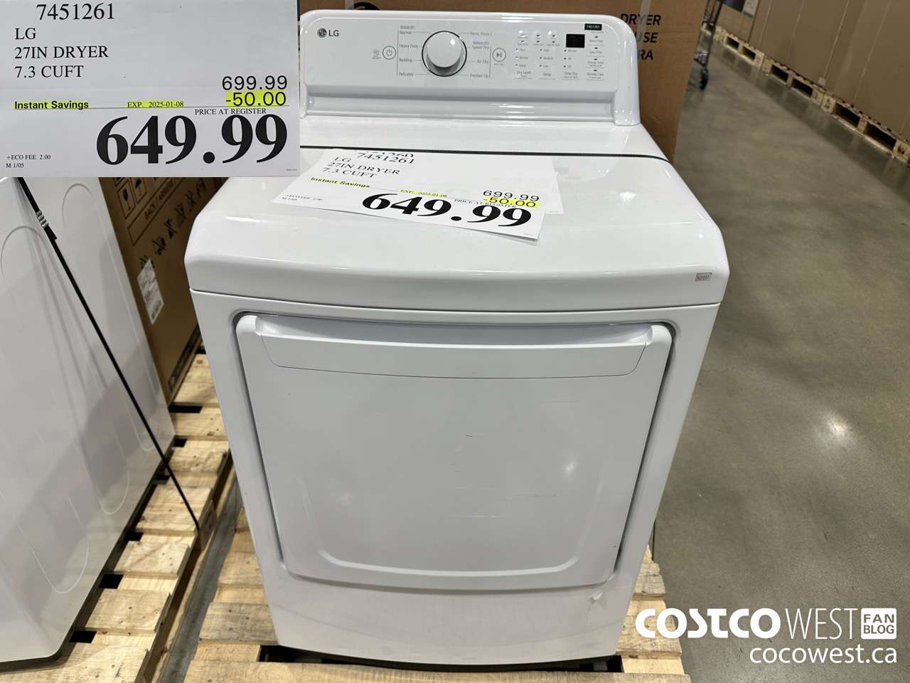 7451261 LG 27IN 7.3 CU. FT DRYER ($50.00 INSTANT SAVINGS EXPIRES ON 2025-01-08) $649.99