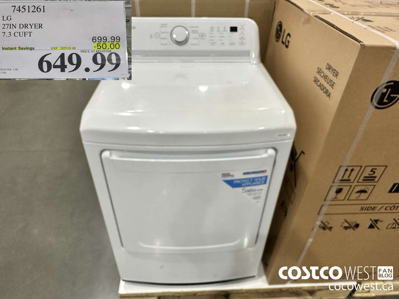 7451261 LG 27IN 7.3 CU. FT DRYER ($50.00 INSTANT SAVINGS EXPIRES ON 2025-01-08) $649.99