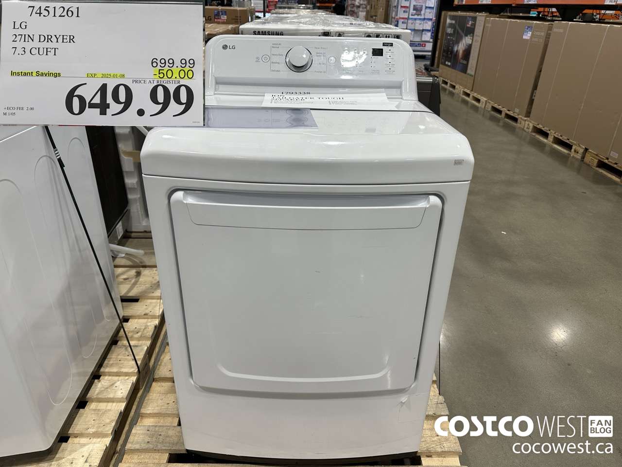 7451261 LG 27IN 7.3 CU. FT DRYER ($50.00 INSTANT SAVINGS EXPIRES ON 2025-01-08) $649.99