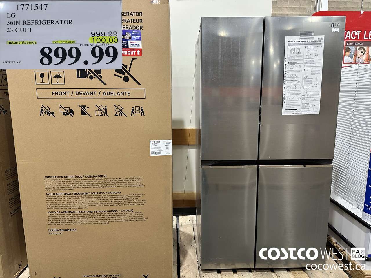 1771547 LG 36IN REFRIGERATOR 23 CUFT ($100.00 INSTANT SAVINGS EXPIRES ON 2025-01-08) $899.99
