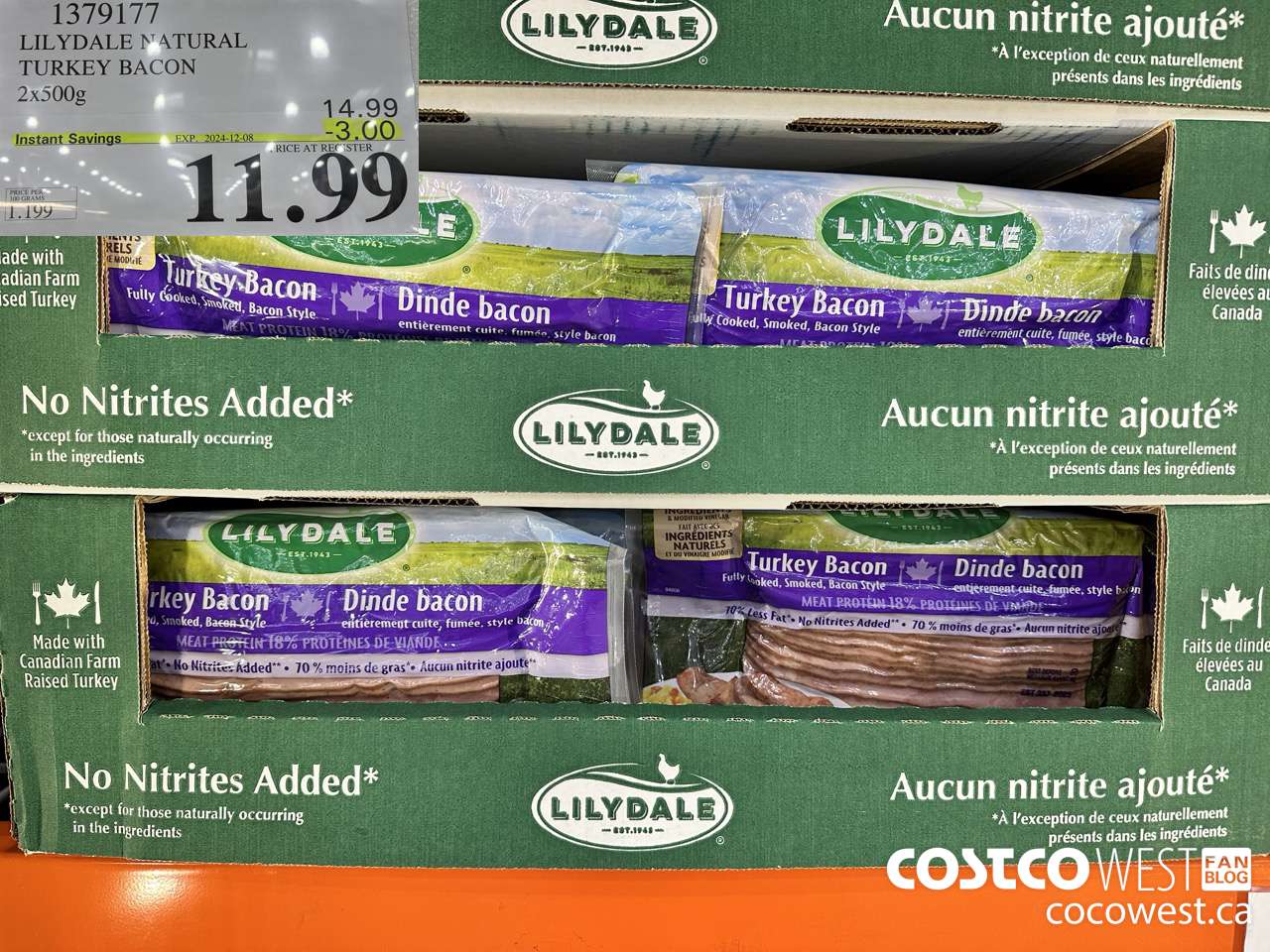 1379177 LILYDALE NATURAL TURKEY BACON 2 x 500 g ($3.00 INSTANT SAVINGS EXPIRES ON 2024-12-08) $11.99