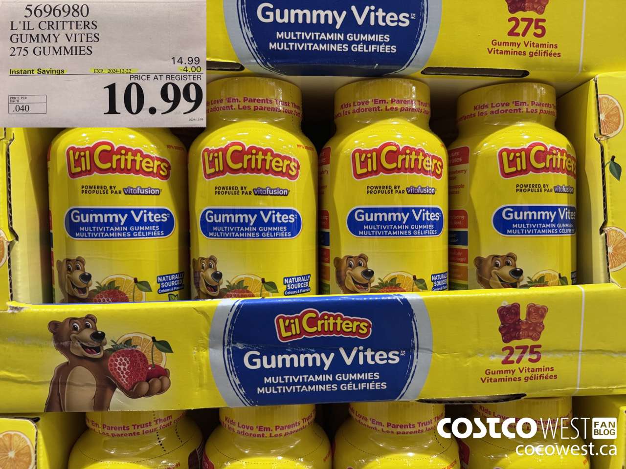 5696980 L'IL CRITTERS GUMMY VITES 275 GUMMIES ($4.00 INSTANT SAVINGS EXPIRES ON 2024-12-22) $10.99