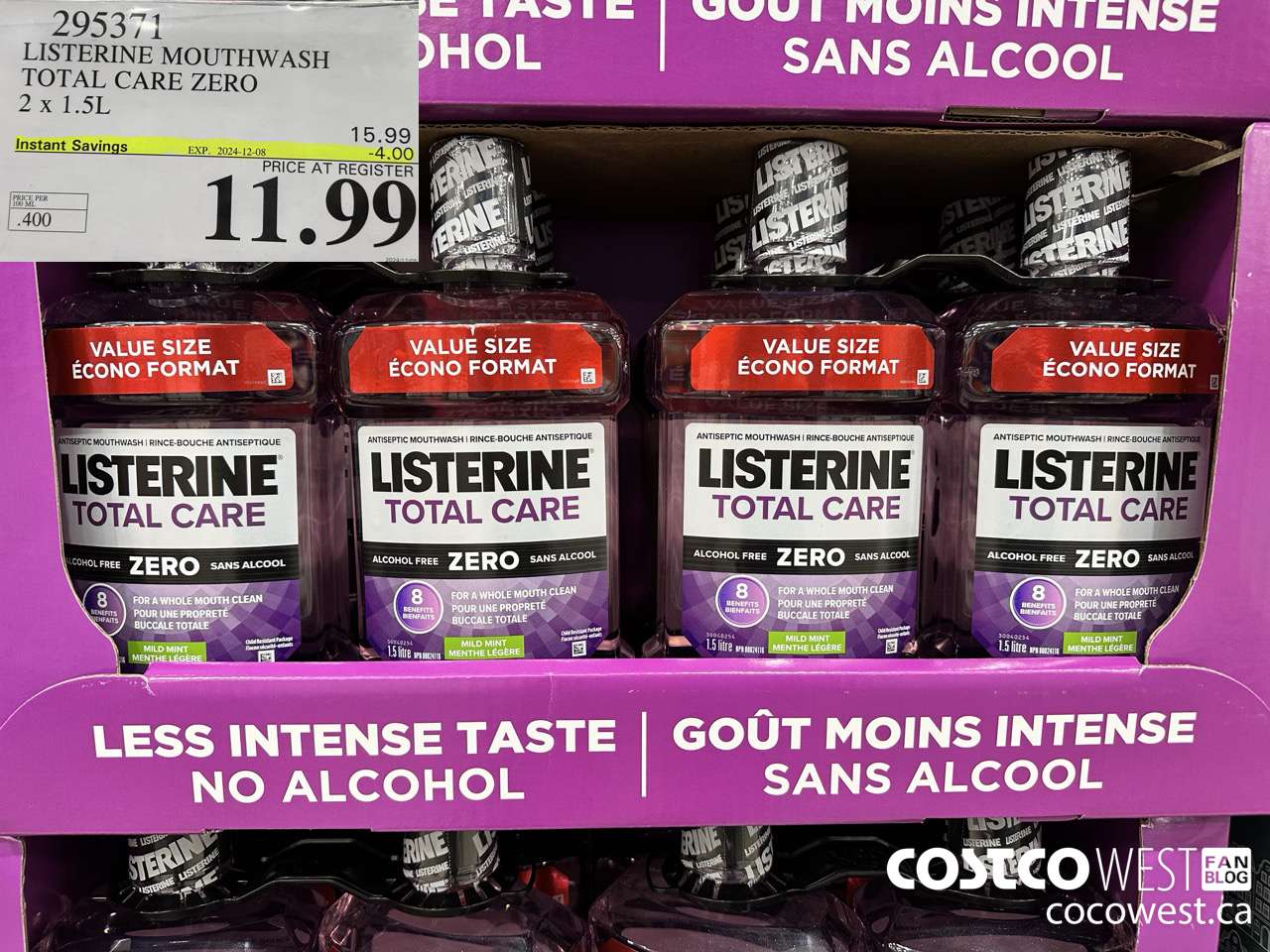 295371 LISTERINE MOUTHWASH TOTAL CARE ZERO 2 X 1.5L ($4.00 INSTANT SAVINGS EXPIRES ON 2024-12-08) $11.99