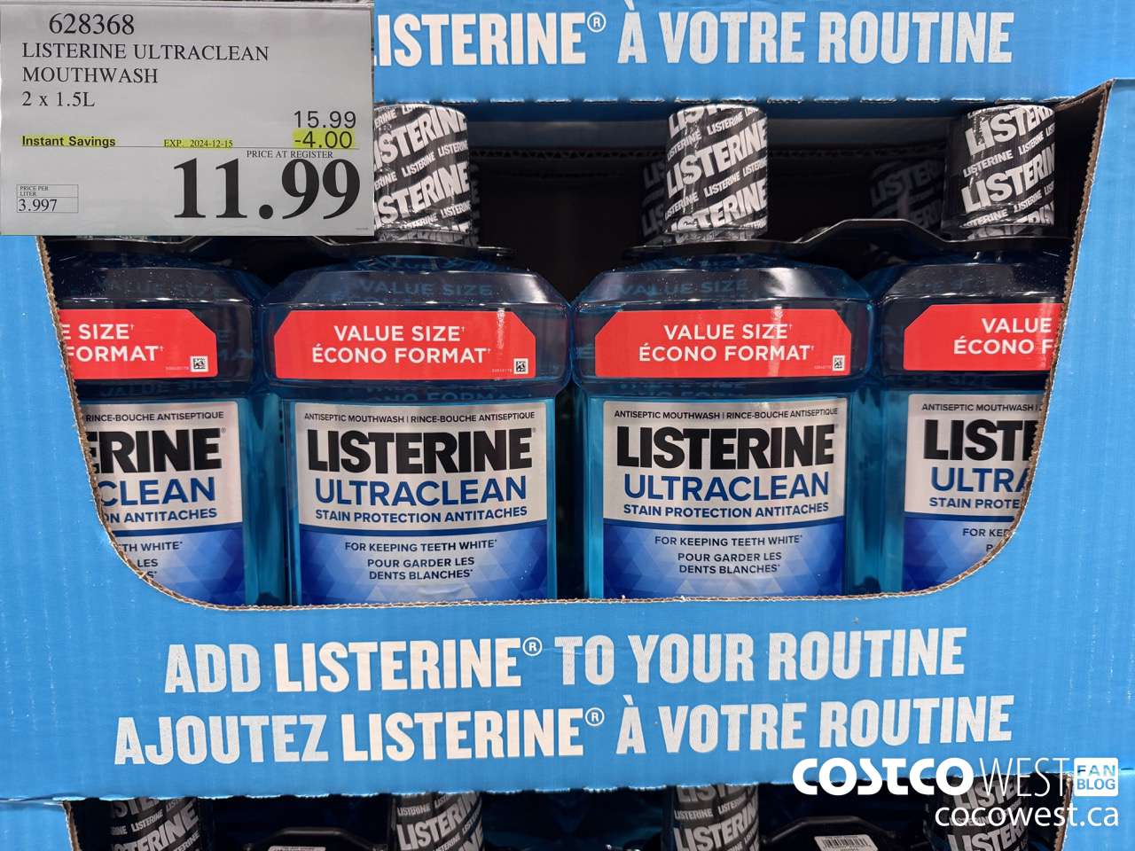 628368 LISTERINE ULTRACLEAN MOUTHWASH 2 X 1.5L ($4.00 INSTANT SAVINGS EXPIRES ON 2024-12-15) $11.99