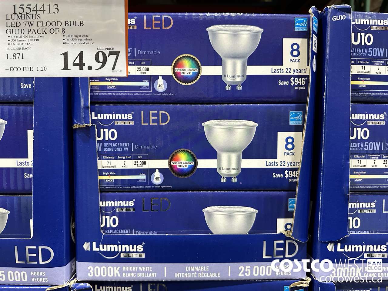 1554413 LUMINUS LED 7W FLOOD BULB GU10 PACK OF 8 $14.97