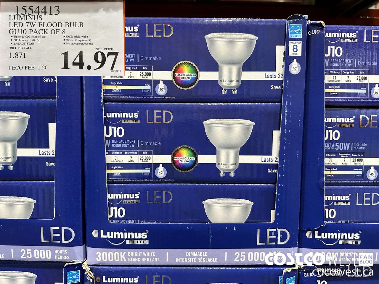 1554413 LUMINUS LED 7W FLOOD BULB GU10 PACK OF 8 $14.97