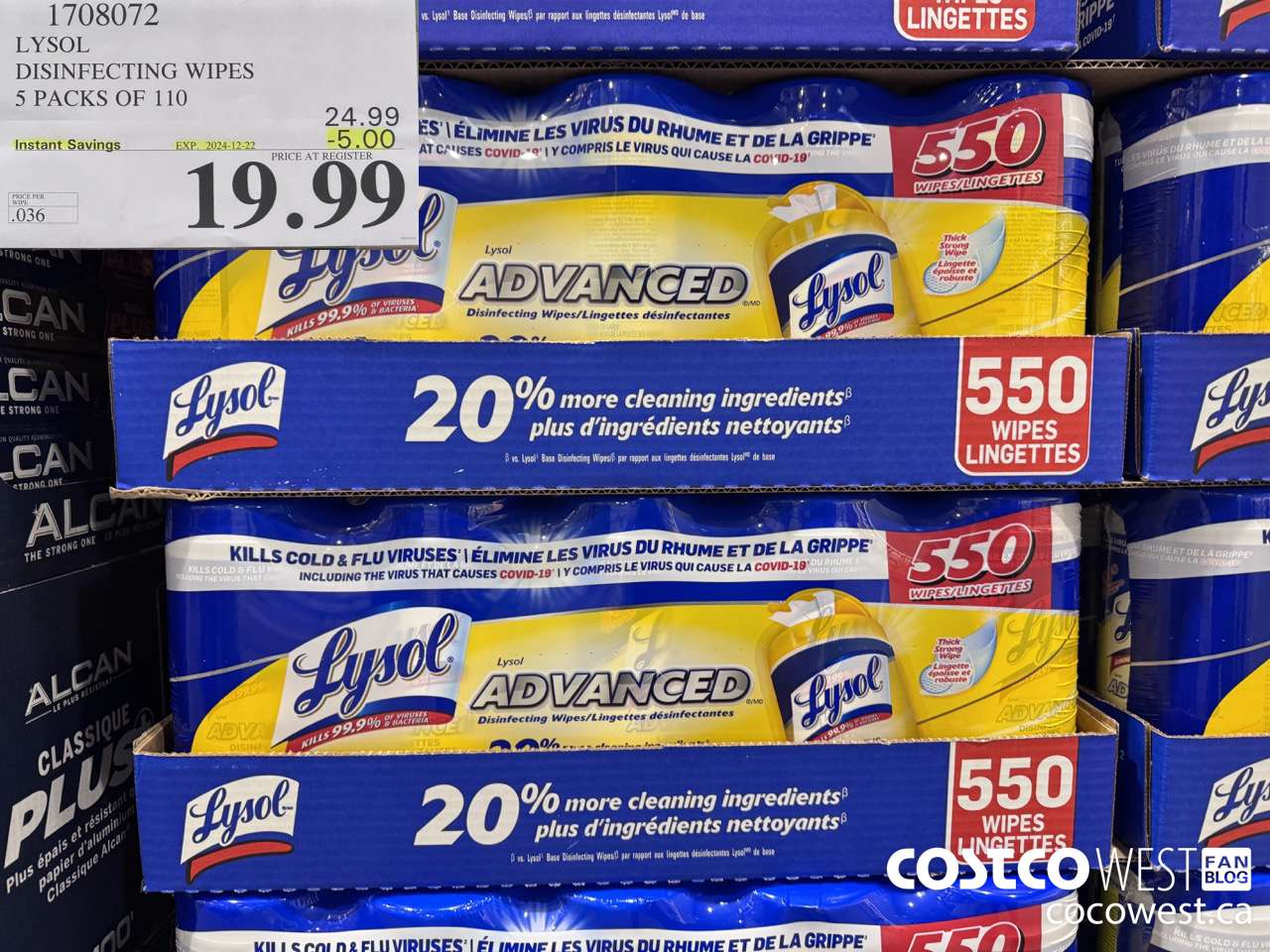 1708072 LYSOL DISINFECTING WIPES 5 X 110 WIPES ($5.00 INSTANT SAVINGS EXPIRES ON 2024-12-22) $19.99
