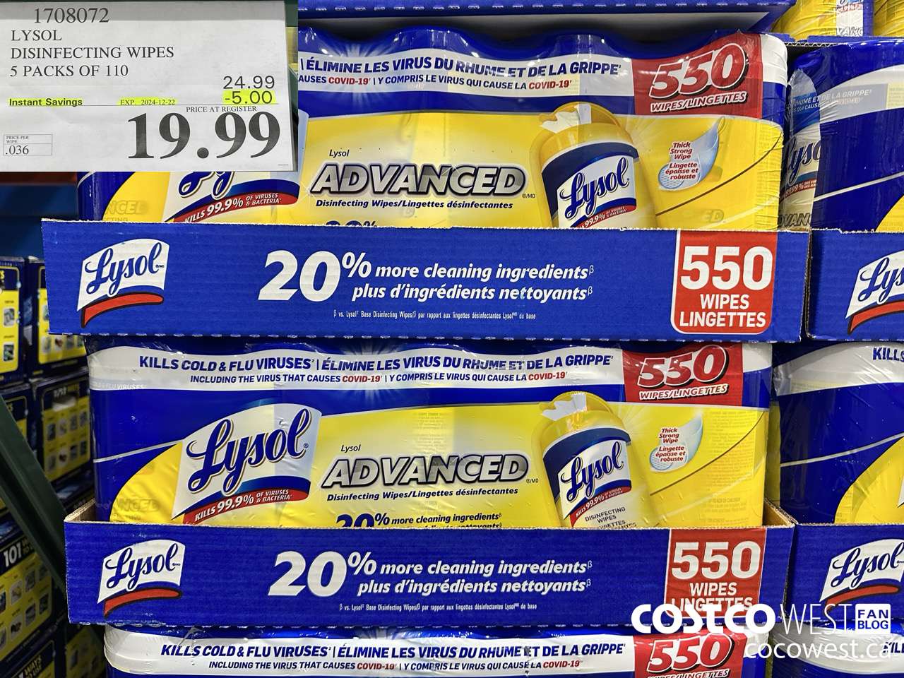 1708072 LYSOL DISINFECTING WIPES 5 X 110 WIPES ($5.00 INSTANT SAVINGS EXPIRES ON 2024-12-22) $19.99