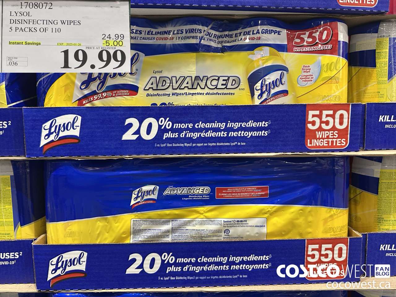 1708072 LYSOL DISINFECTING WIPES 5 X 110 WIPES ($5.00 INSTANT SAVINGS EXPIRES ON 2025-01-26) $19.99