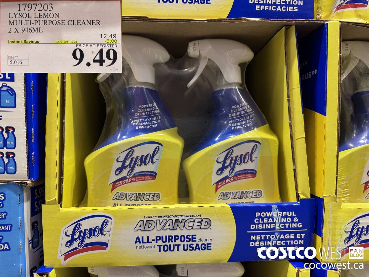 1797203 LYSOL LEMON MULTI-PURPOSE CLEANER 2 X 946ML ($3.00 INSTANT SAVINGS EXPIRES ON 2024-12-22) $9.49