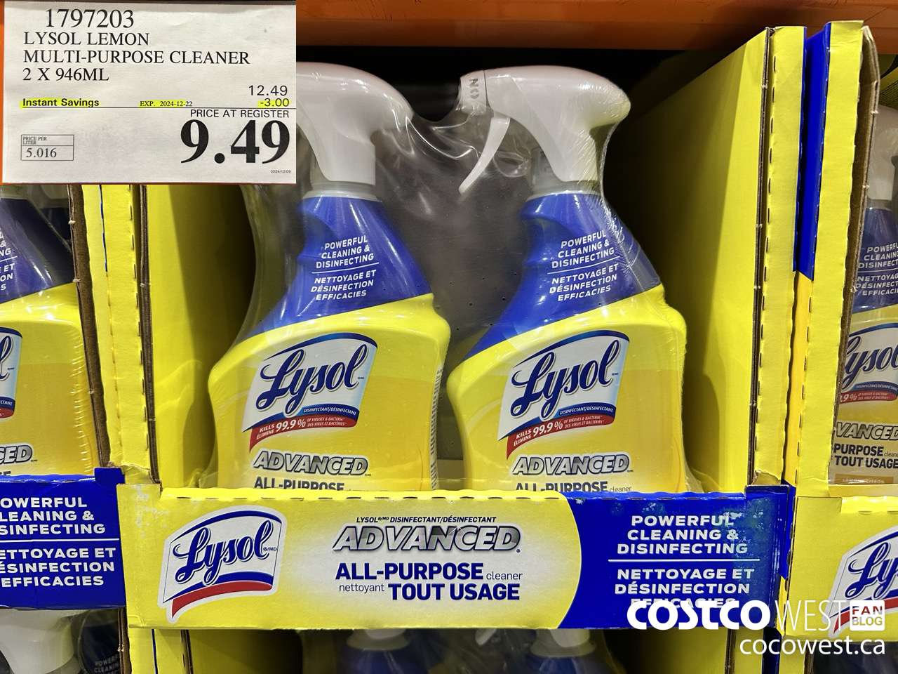 1797203 LYSOL LEMON MULTI-PURPOSE CLEANER 2 X 946ML ($3.00 INSTANT SAVINGS EXPIRES ON 2024-12-22) $9.49