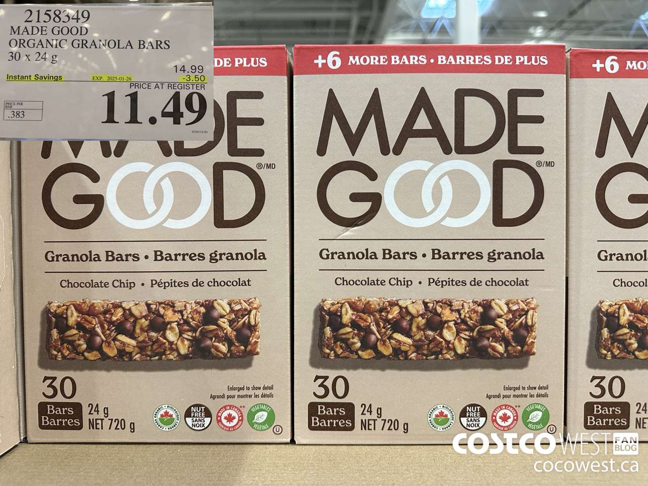 2158349 MADE GOOD ORGANIC GRANOLA BARS 30 X 24G ($3.50 INSTANT SAVINGS EXPIRES ON 2025-01-26) $11.49