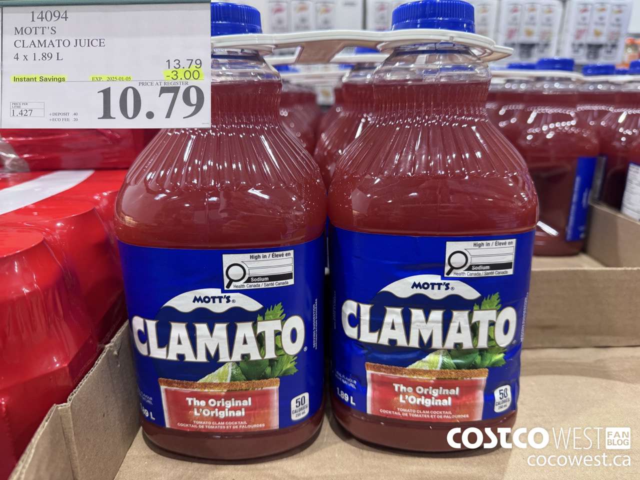 14094 MOTTS CLAMATO JUICE 4 X 1.89 L ($3.00 INSTANT SAVINGS EXPIRES ON 2025-01-05) $10.79