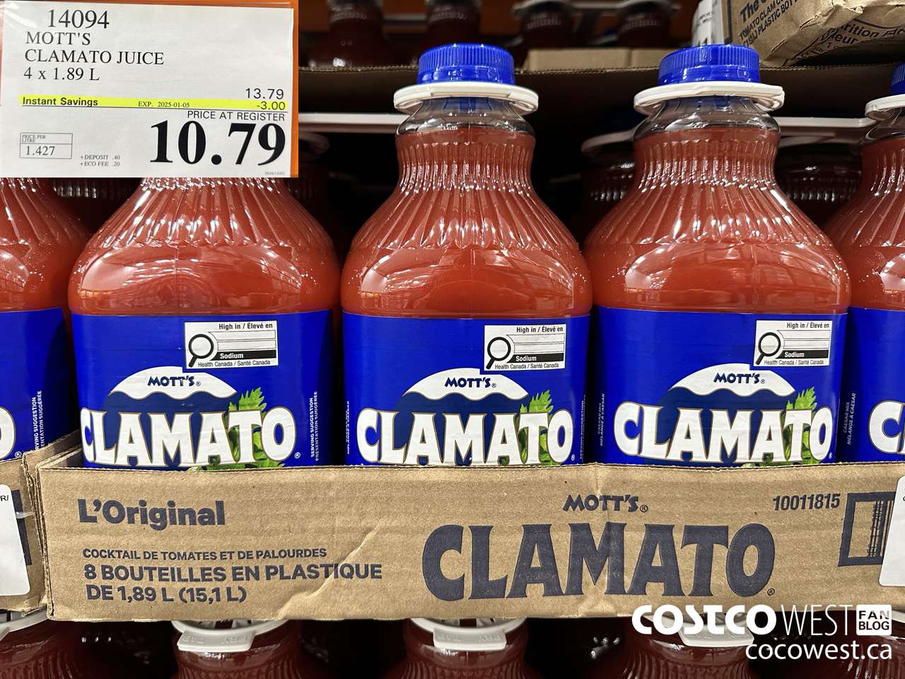 14094 MOTTS CLAMATO JUICE 4 X 1.89 L ($3.00 INSTANT SAVINGS EXPIRES ON 2025-01-05) $10.79