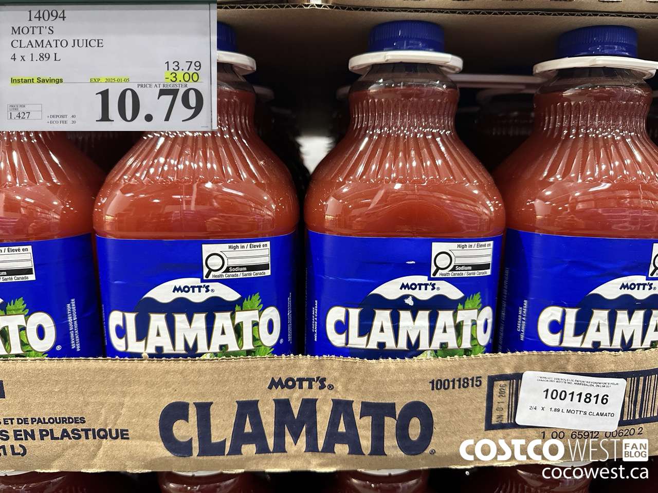 14094 MOTTS CLAMATO JUICE 4 X 1.89 L ($3.00 INSTANT SAVINGS EXPIRES ON 2025-01-05) $10.79