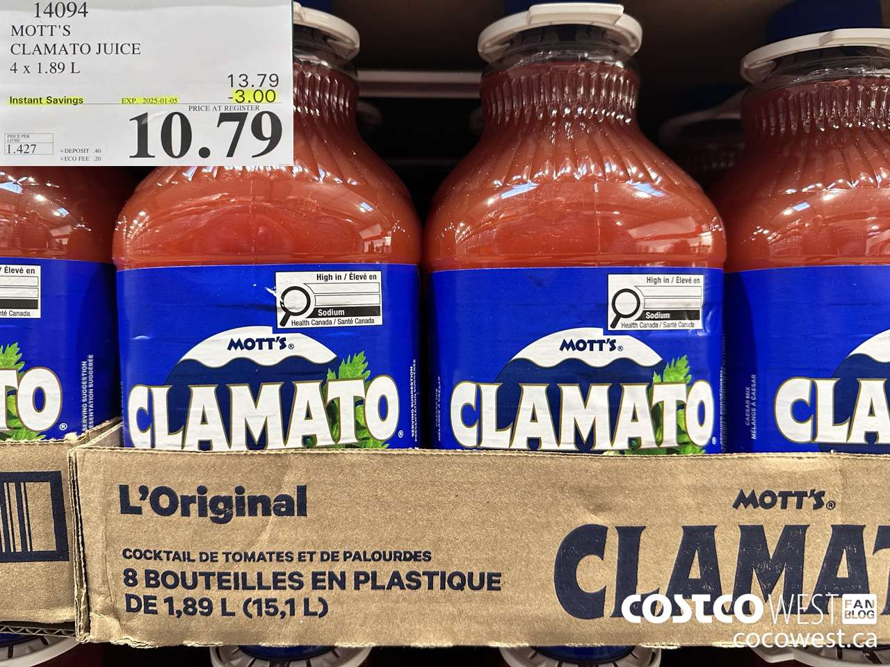 14094 MOTTS CLAMATO JUICE 4 X 1.89 L ($3.00 INSTANT SAVINGS EXPIRES ON 2025-01-05) $10.79