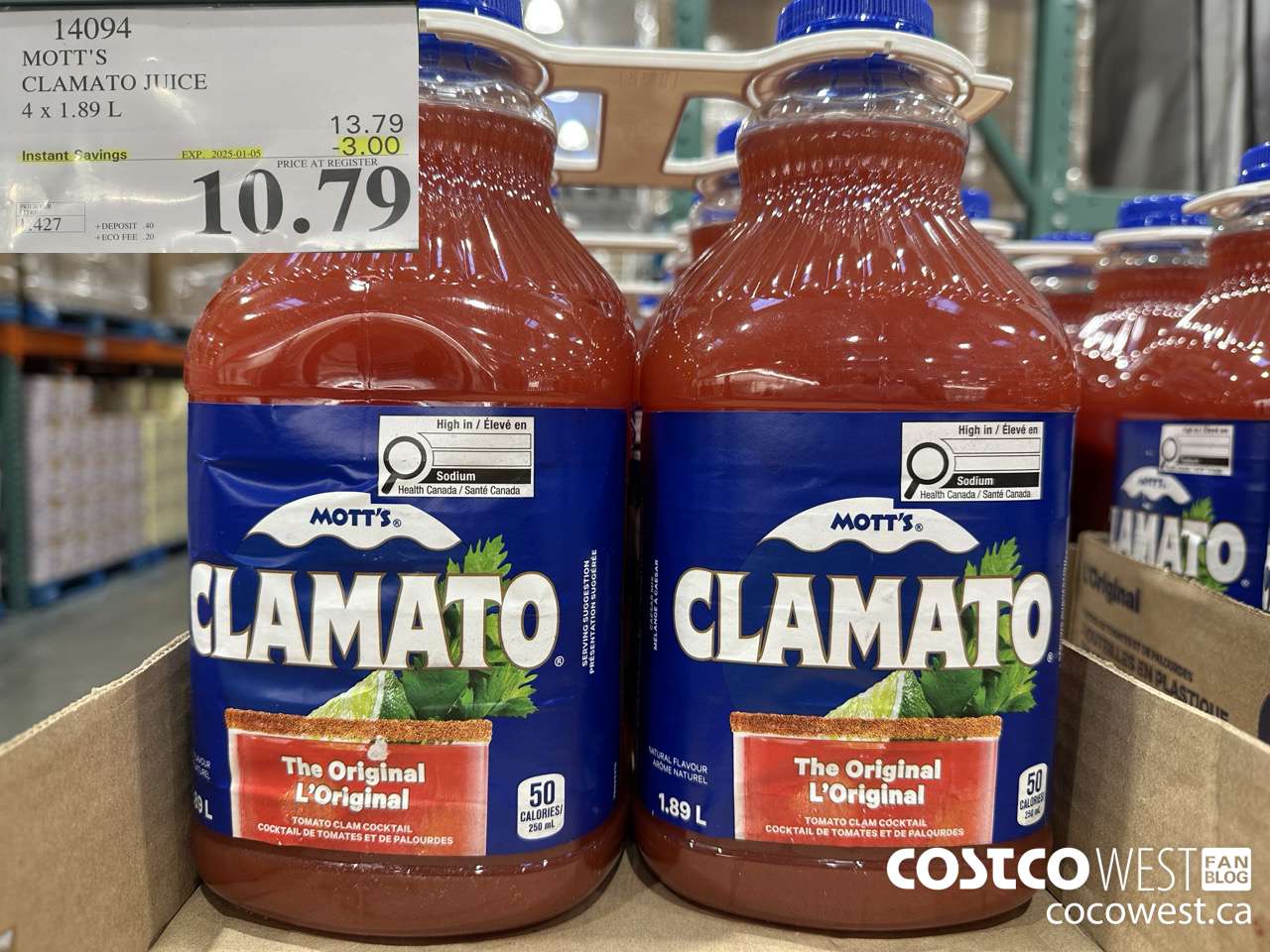 14094 MOTTS CLAMATO JUICE 4 X 1.89 L ($3.00 INSTANT SAVINGS EXPIRES ON 2025-01-05) $10.79