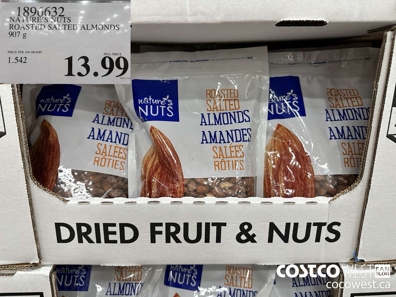 1896632 NATURE'S NUTS ROASTED SALTED ALMONDS 907G $13.99