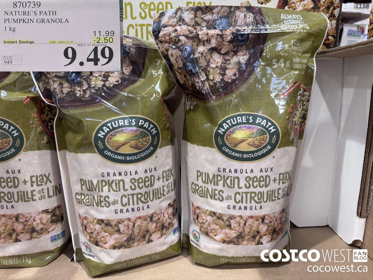 870739 NATURE'S PATH PUMPKIN GRANOLA 1KG ($2.50 INSTANT SAVINGS EXPIRES ON 2024-12-15) $9.49