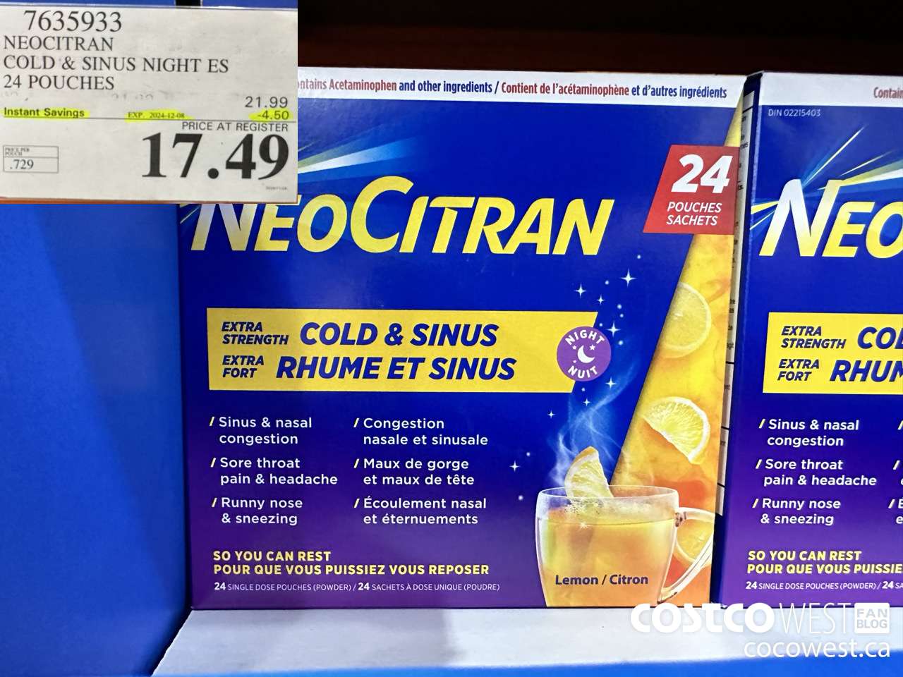 7635933 NEOCITRAN COLD & SINUS NIGHT ES 24 POUCHES ($4.50 INSTANT SAVINGS EXPIRES ON 2024-12-08) $17.49
