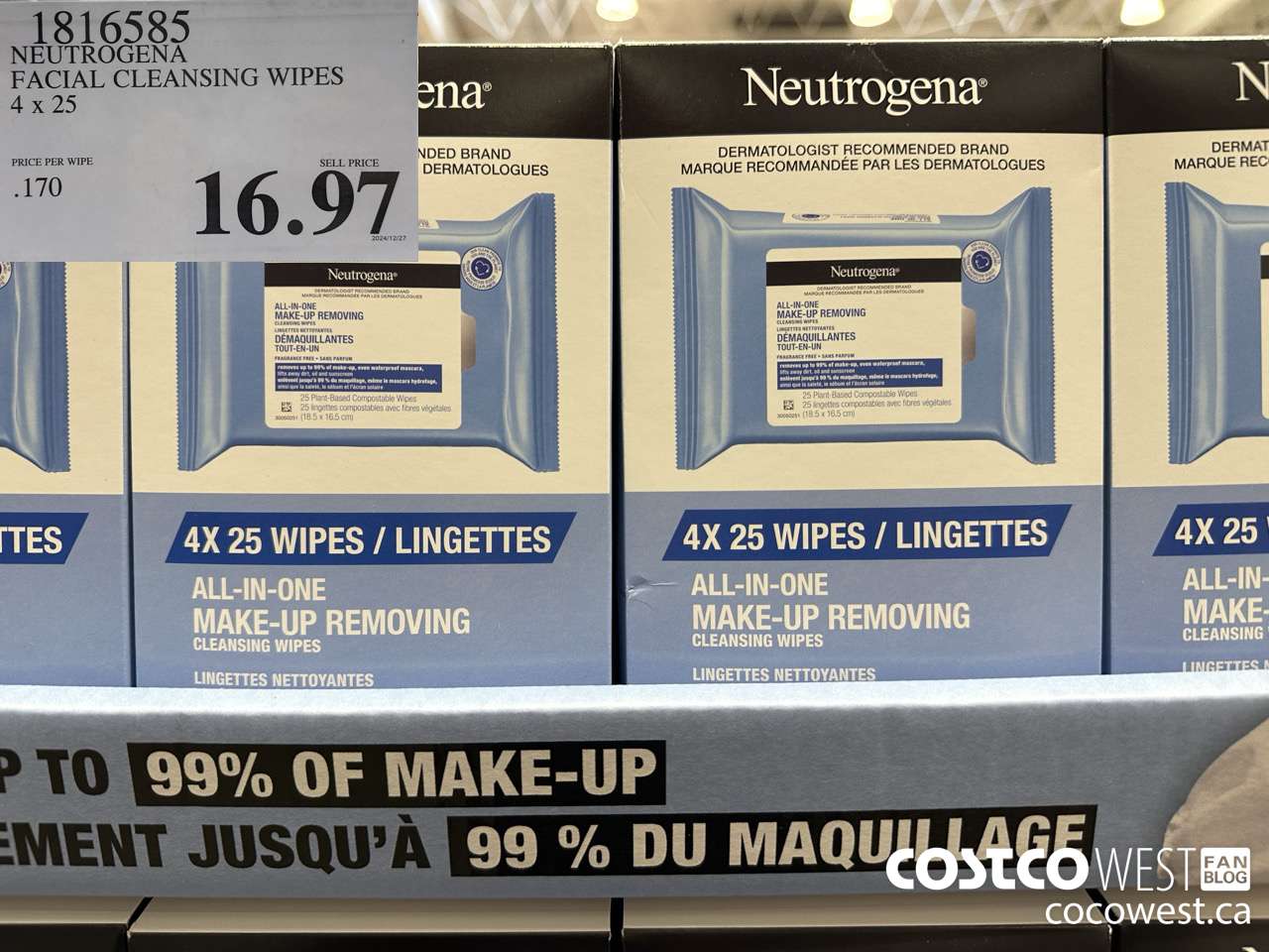 1816585 NEUTROGENA FACIAL CLEANSING WIPES 4 X 25 $16.97