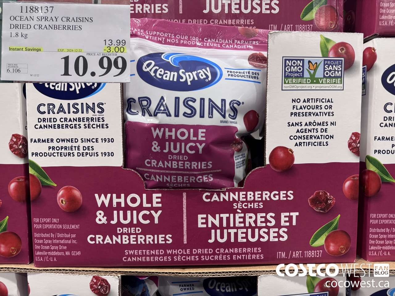1188137 OCEAN SPRAY CRAISINS DRIED CRANBERRIES 1.8 KG ($3.00 INSTANT SAVINGS EXPIRES ON 2024-12-22) $10.99