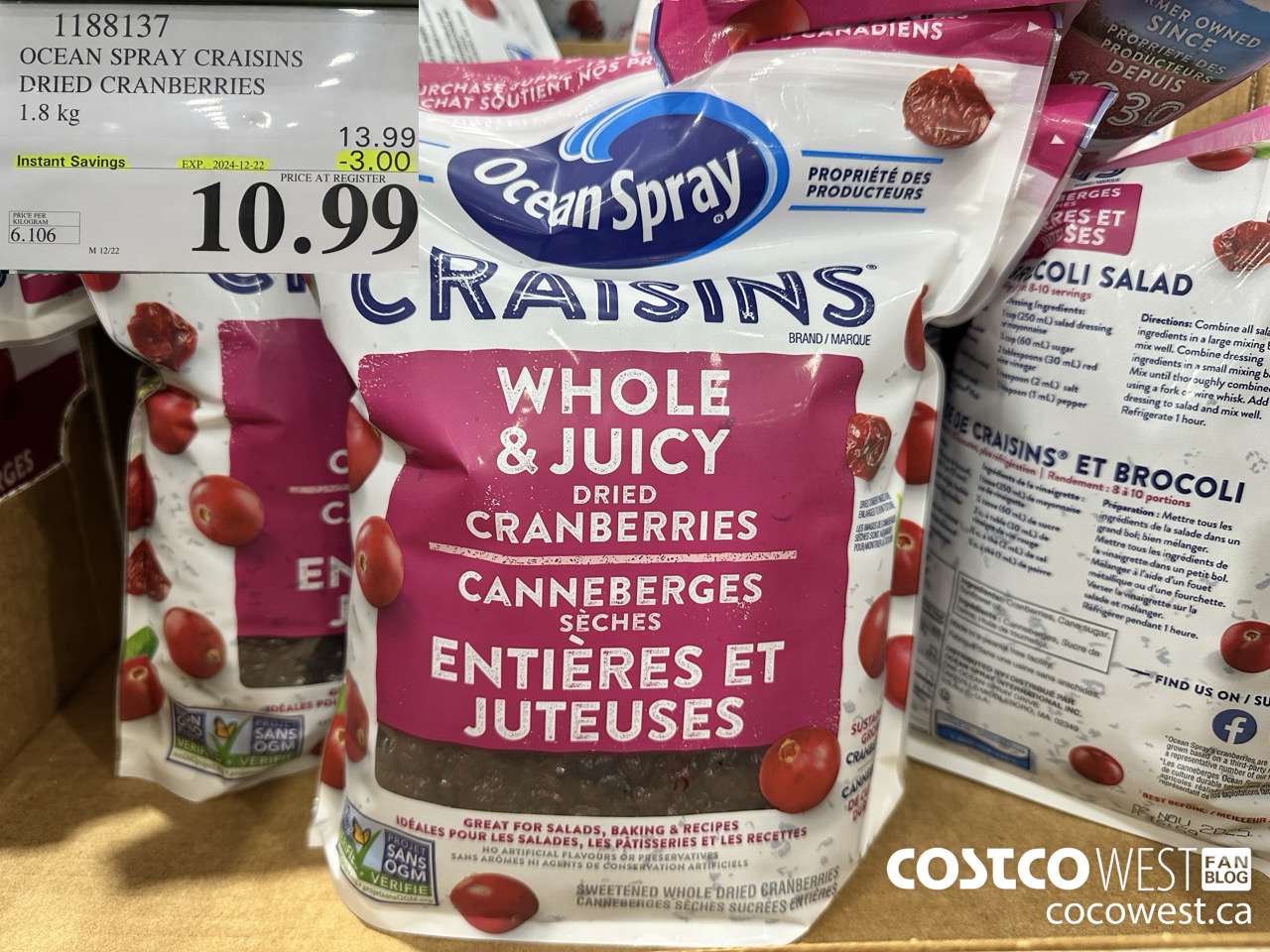 1188137 OCEAN SPRAY CRAISINS DRIED CRANBERRIES 1.8 KG ($3.00 INSTANT SAVINGS EXPIRES ON 2024-12-22) $10.99
